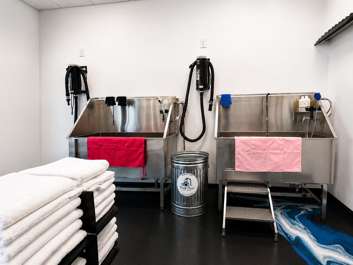 Two stainless steel self-service dog wash tubs with towels and dryers